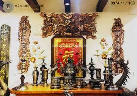 Bộ hoành phi câu đối bằng đồng lá hoa sen KT1m76